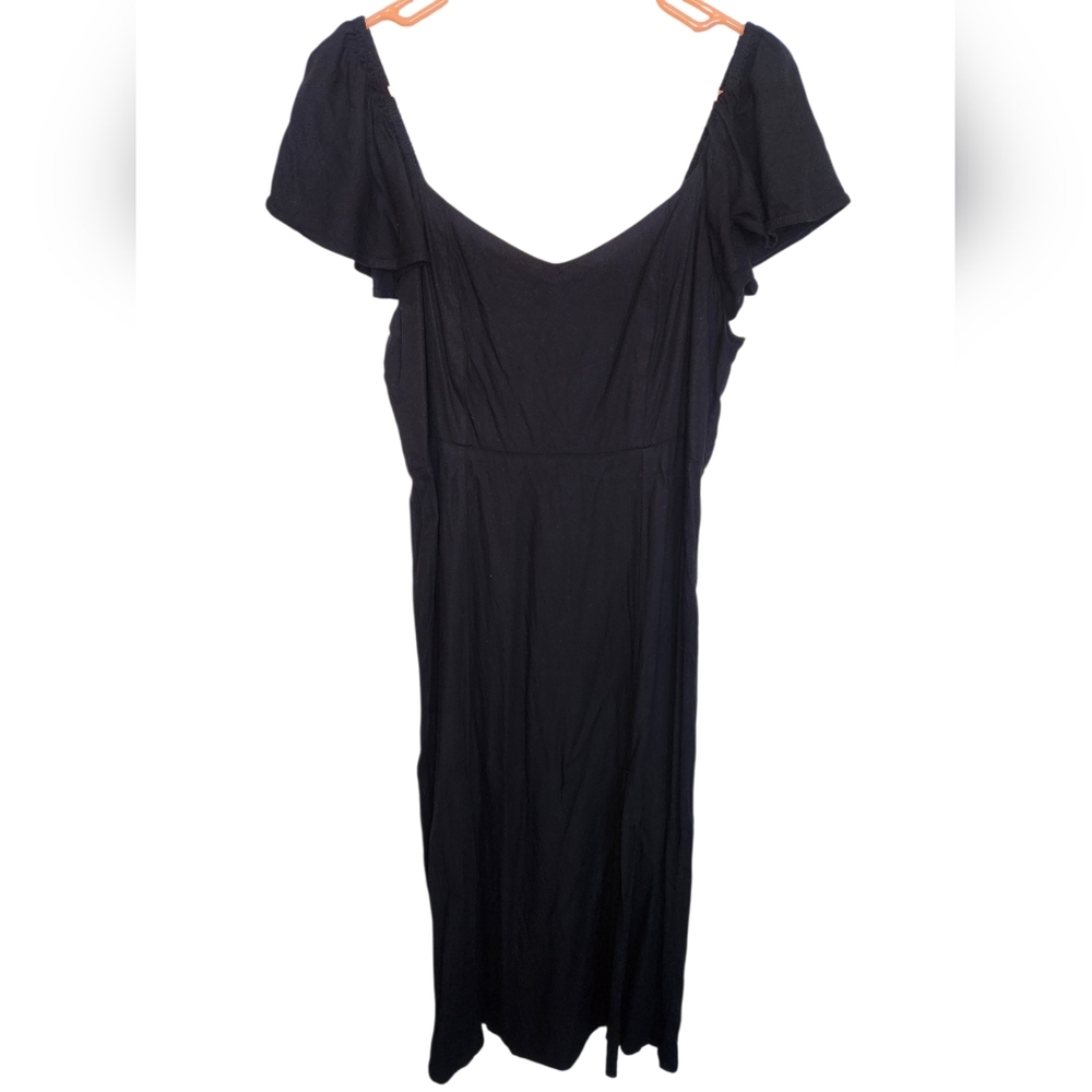 Old Navy Black V Neck Midi Dress L Flutter Sleeve Smocked Back Rayon Sundress